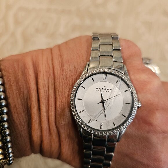 Ladies Silver Skagen Watch with Round Diamond Framed Face